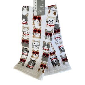 NWT Casaba Valentine Cat Lover Kitten Cats in Heart Glasses Kitchen Towel Set